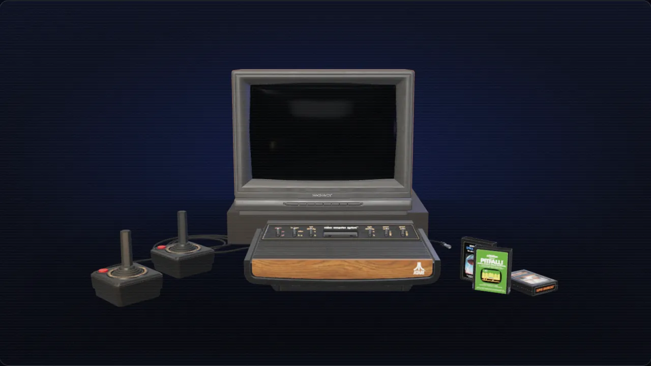 An Atari 2600 with its woodgrain front, two joysticks and three cartridges, in front of a colour TV