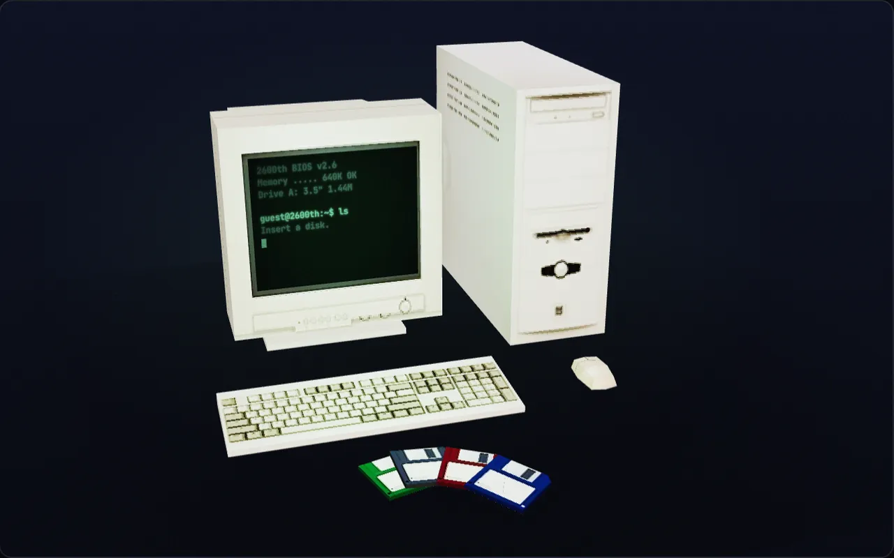 A beige 1990s desktop computer with a monitor, keyboard, mouse and four floppy disks