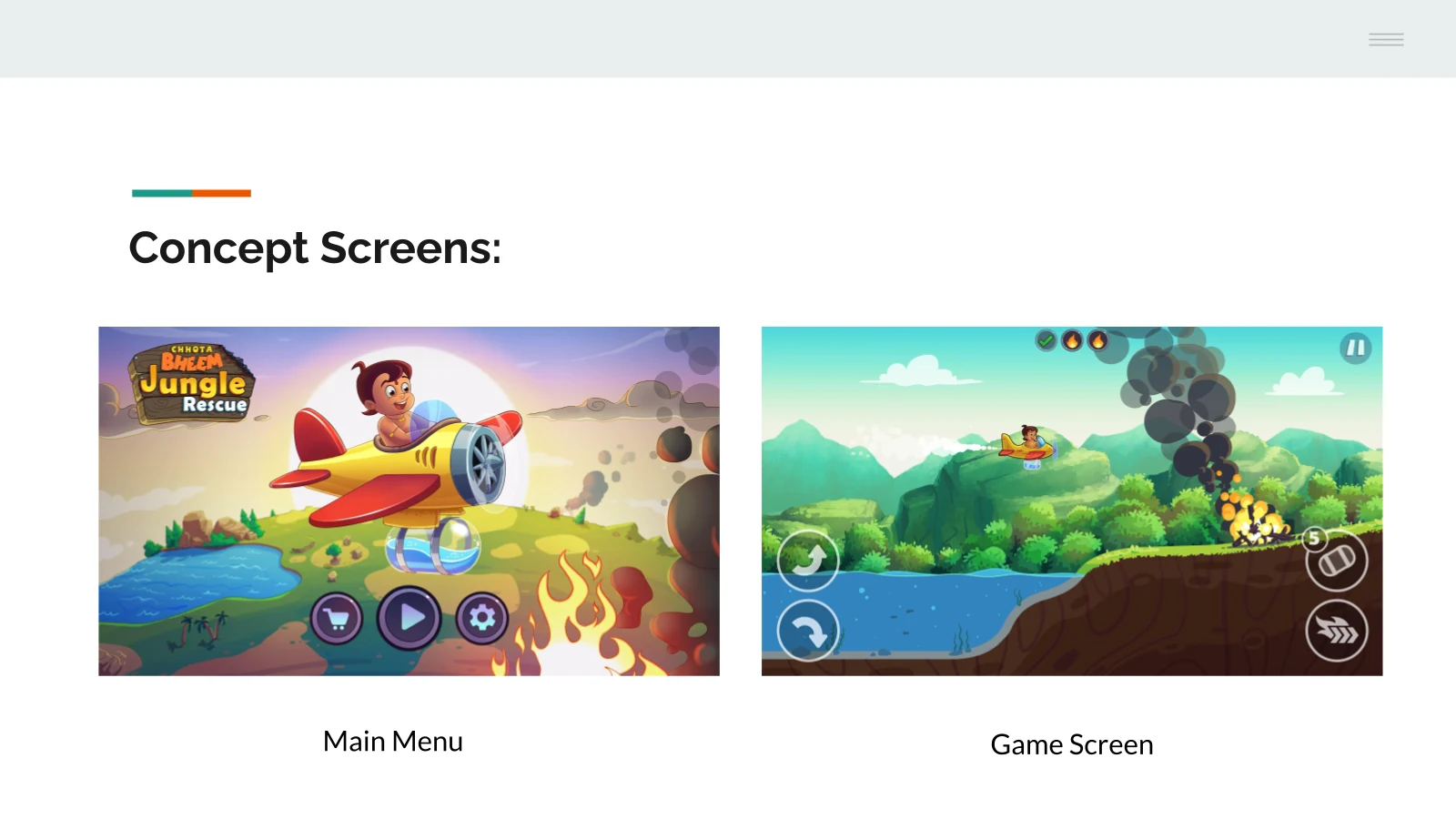 Chhota Bheem Jungle Rescue main menu and flying fire-rescue gameplay concept screens