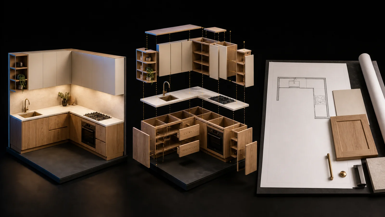Kitchen concept beside cabinet components, a layout drawing and material samples, illustrating design-to-production dependencies