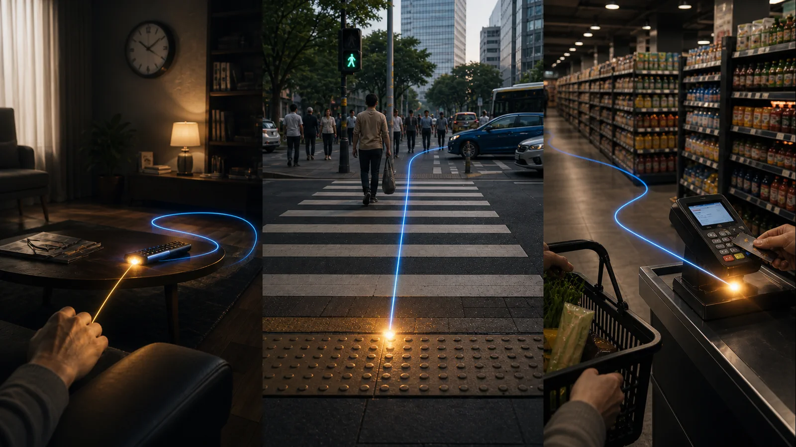 Cinematic editorial visualization connecting a living room, street crossing, and supermarket in the Cycling Without Age Singapore empathy-training journey