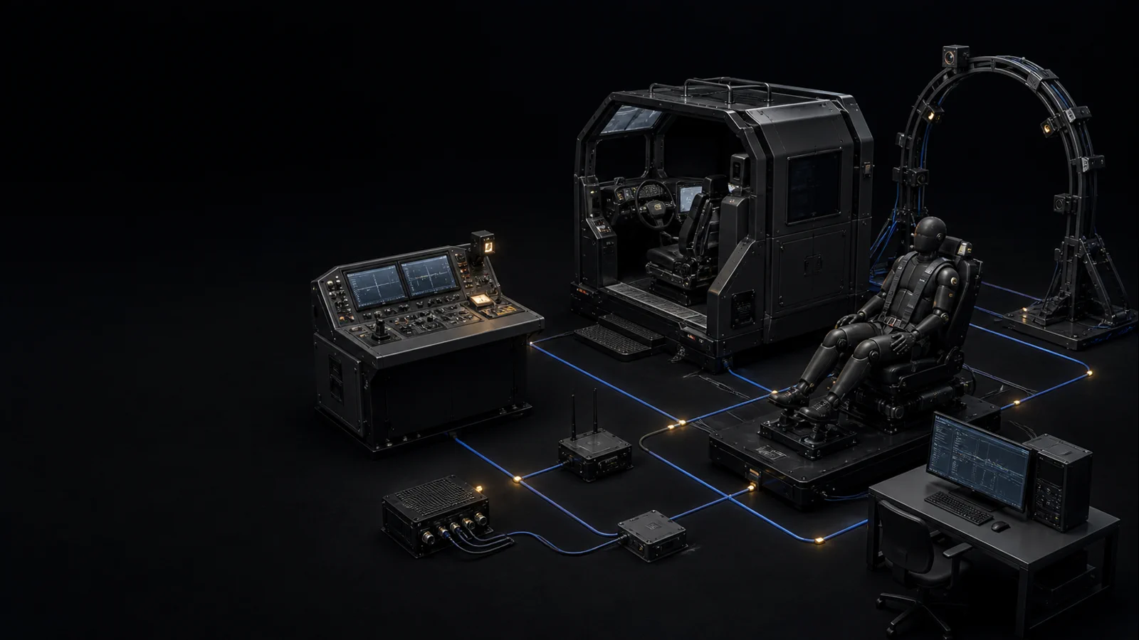 Conceptual editorial cutaway of a simulator cab, instructor console, tracking rig, mannequin system, sensors, and evaluation station
