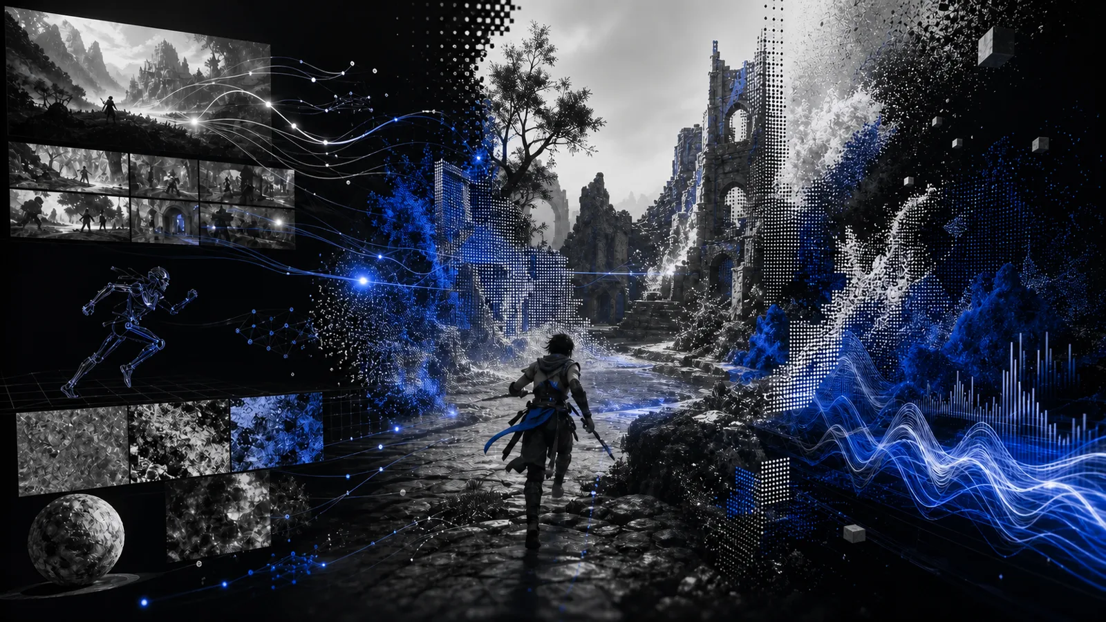 Playable game world assembling from generated environments, animation rigs, narrative paths, and adaptive sound