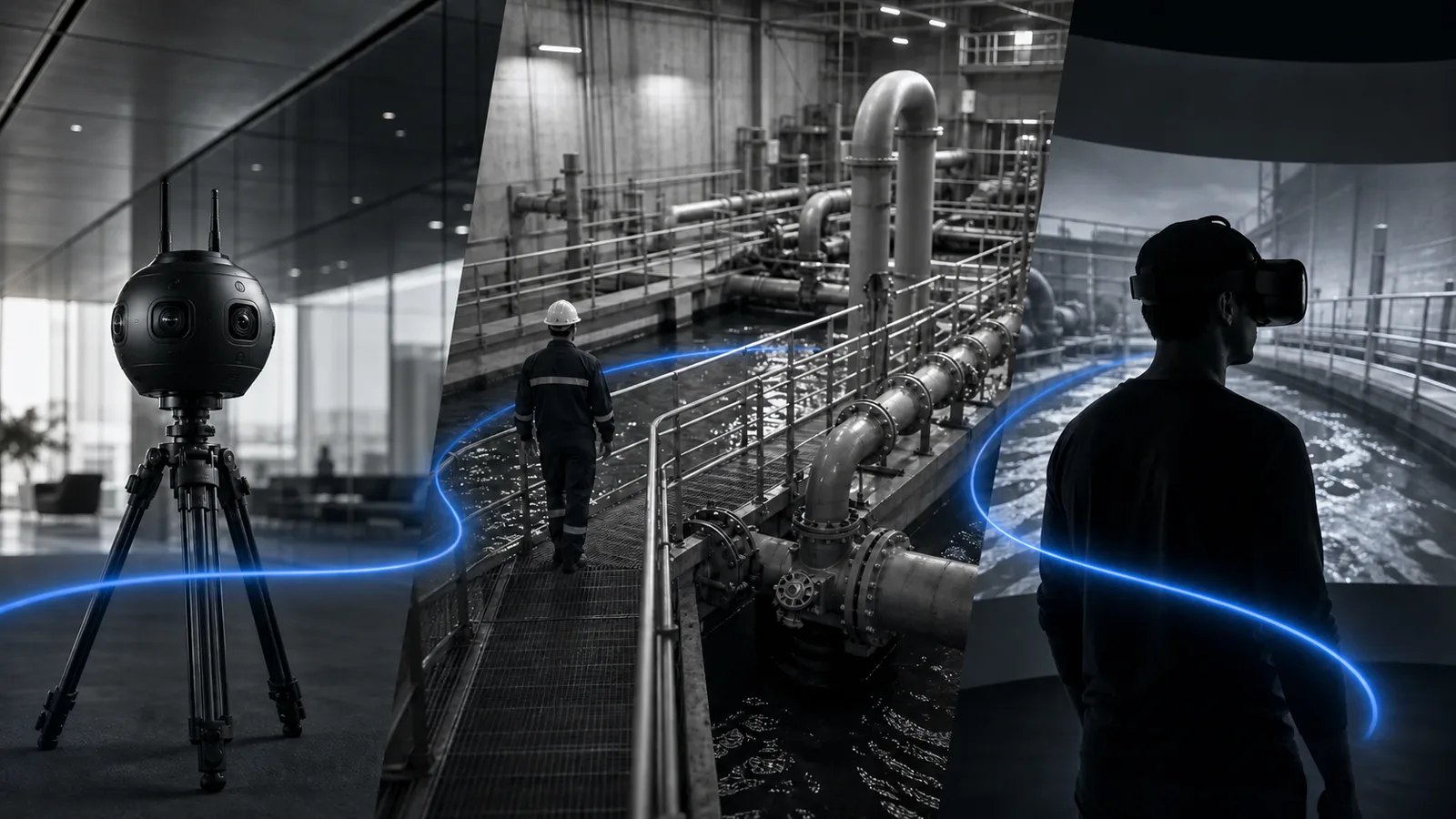 Enterprise immersive workflow connecting a 360 camera, an industrial training site, and a virtual-reality learner