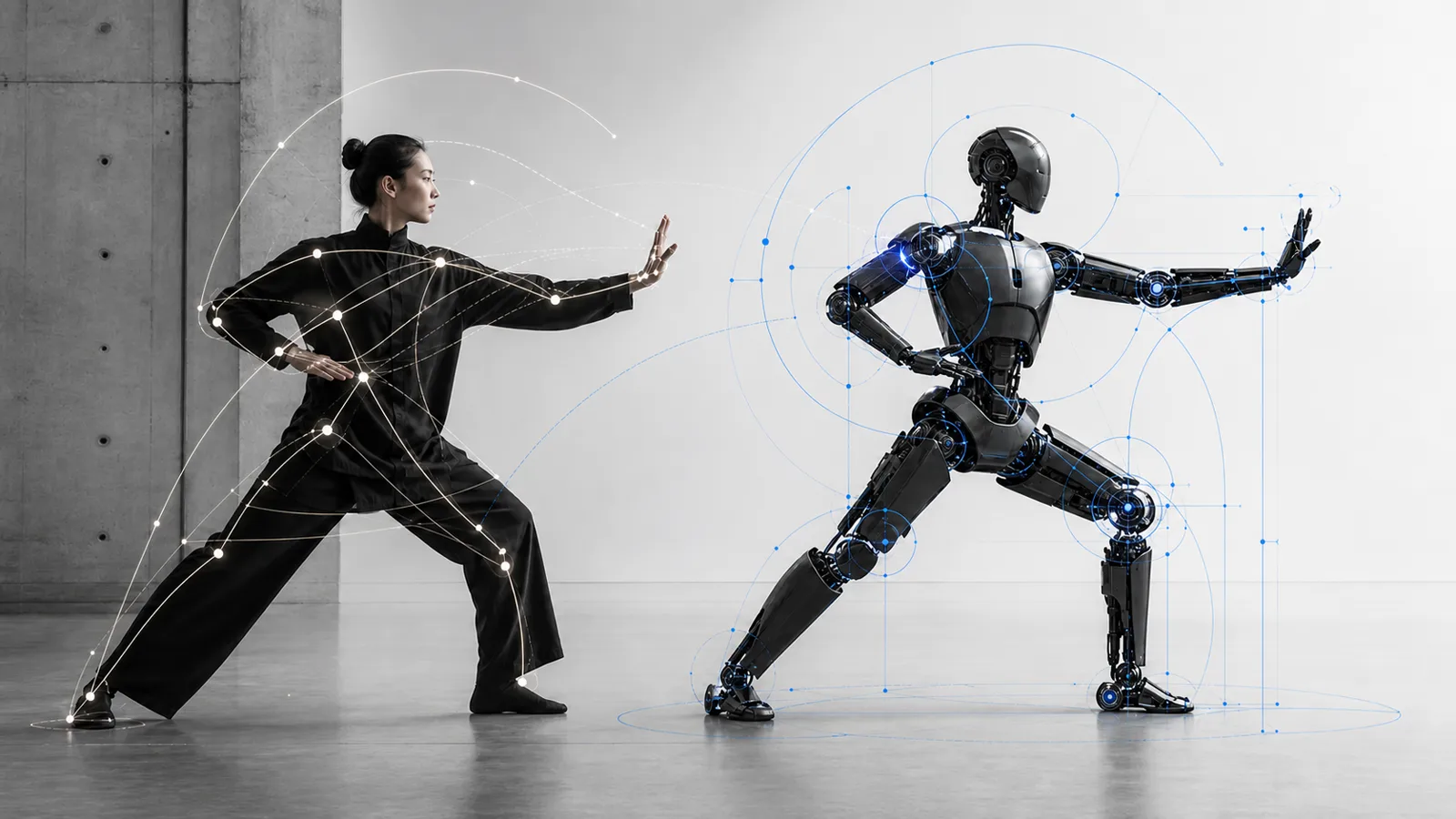 Human movement translated into matching humanoid robot joint positions through luminous tracking paths
