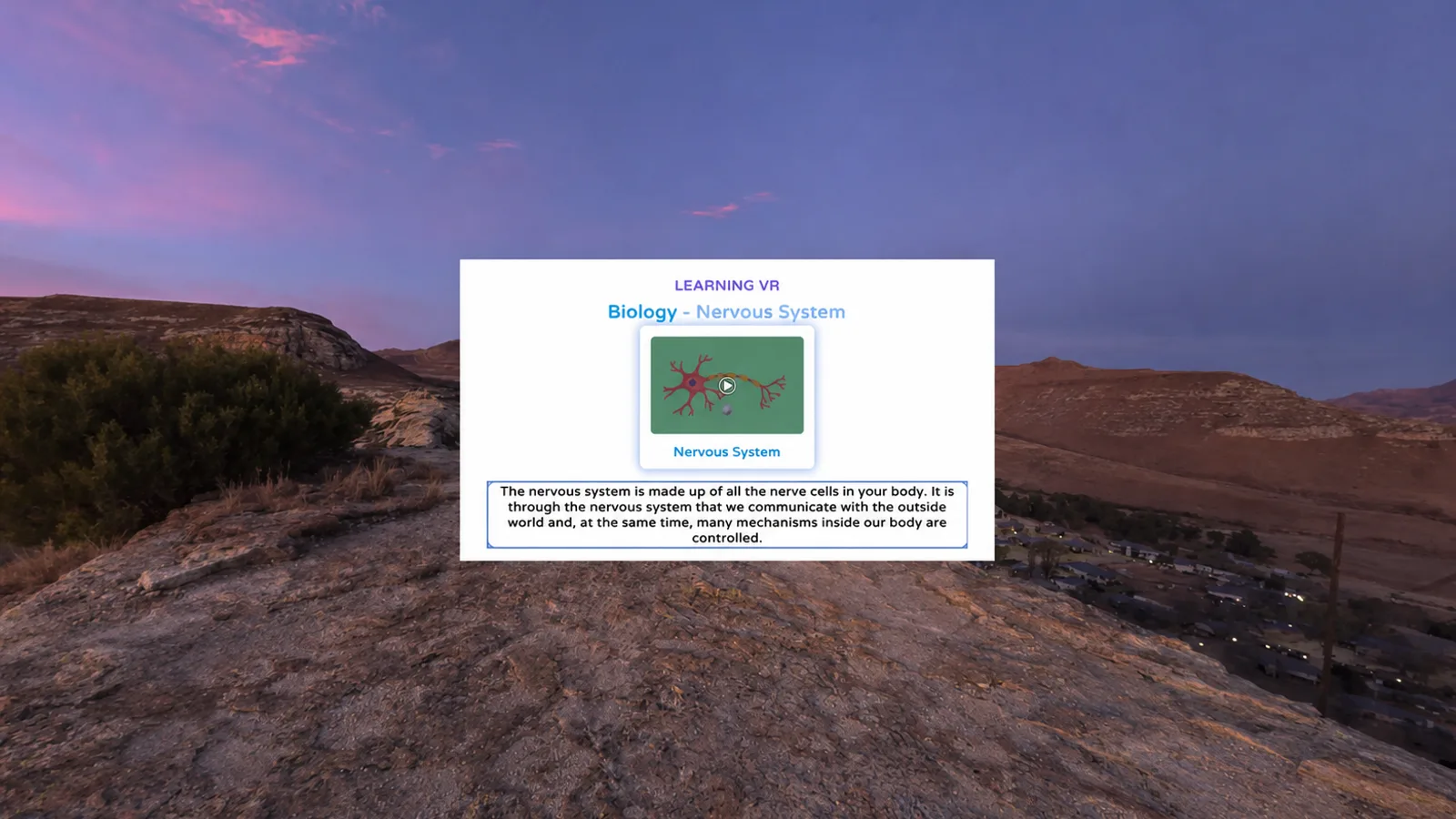IRA VR learning module presented inside a panoramic immersive landscape
