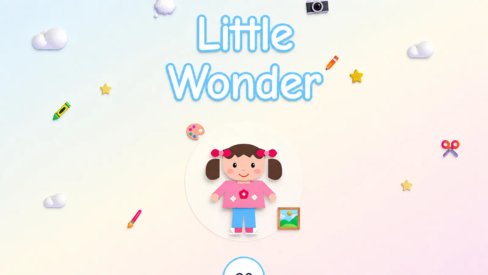 Little Wonder storybook generator landing screen with a child character and floating creative tools