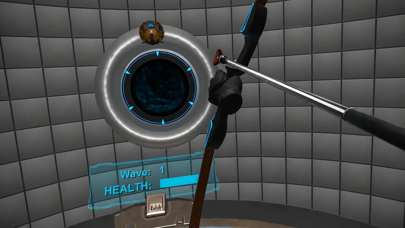Bow-and-arrow gameplay inside the Machine Hunter virtual-reality arena