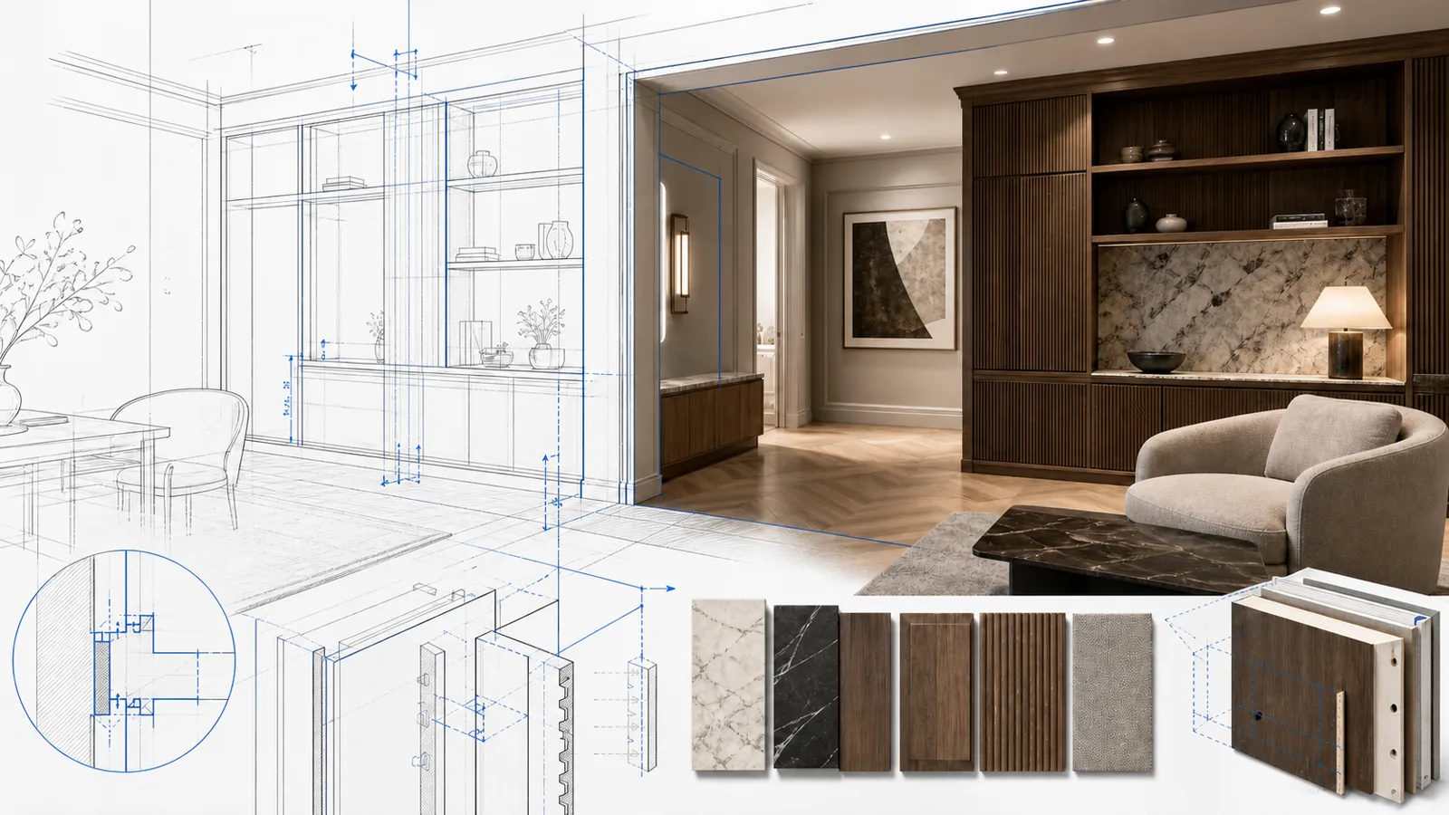 Editorial illustration of residential joinery moving from precise production drawings into a finished interior