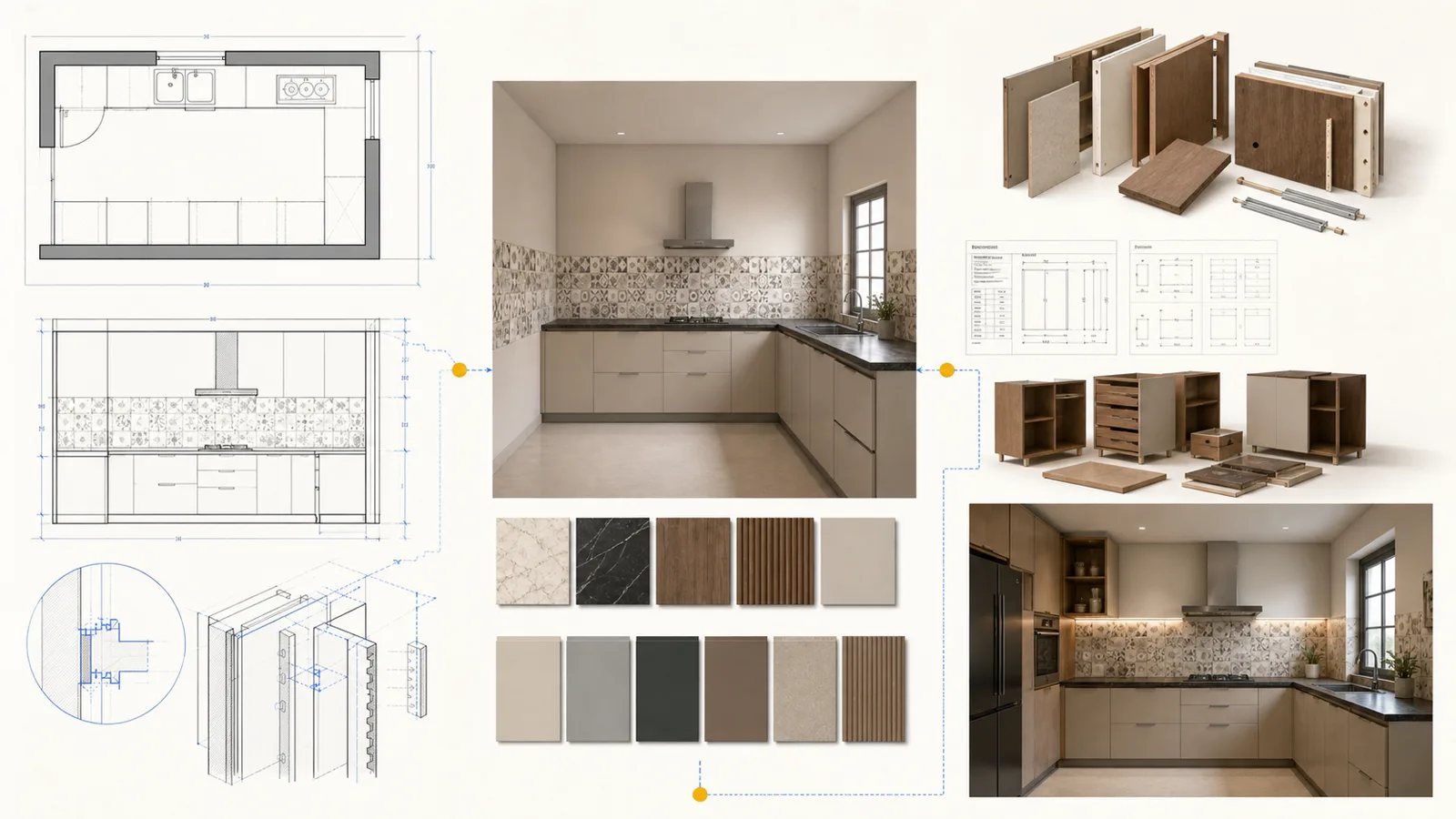 Editorial workflow tableau connecting kitchen plans, material decisions, rendered interiors, and production outputs