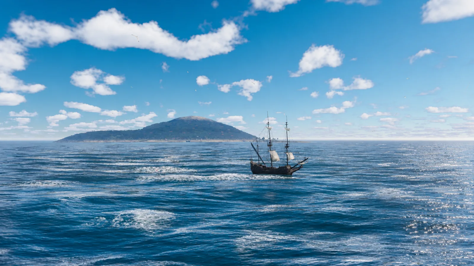 Web Ocean 3D boat moving across a spectral ocean toward a tropical island