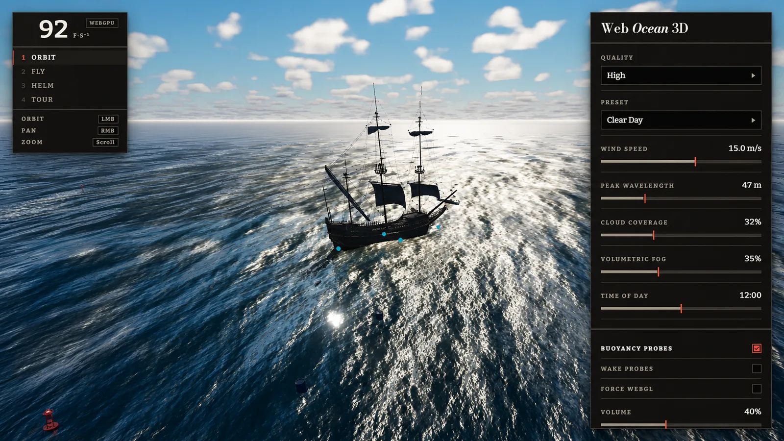 Web Ocean 3D interface showing ocean controls, HUD, and buoyancy probes