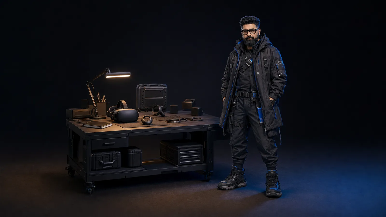 Pranshul beside a modular spatial-computing workbench