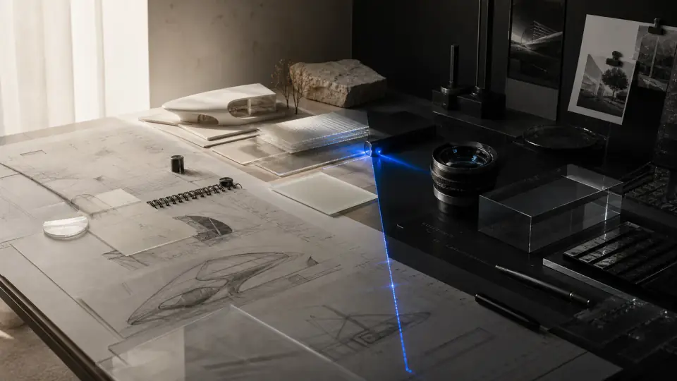 A split light-and-shadow workbench with sketches, models, lenses, and a blue systems trace