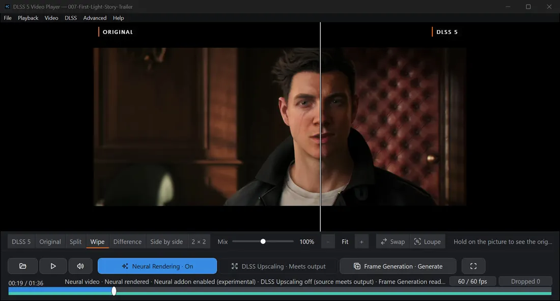 DLSS 5 Video Player comparing a source frame with its neural render, split down the middle