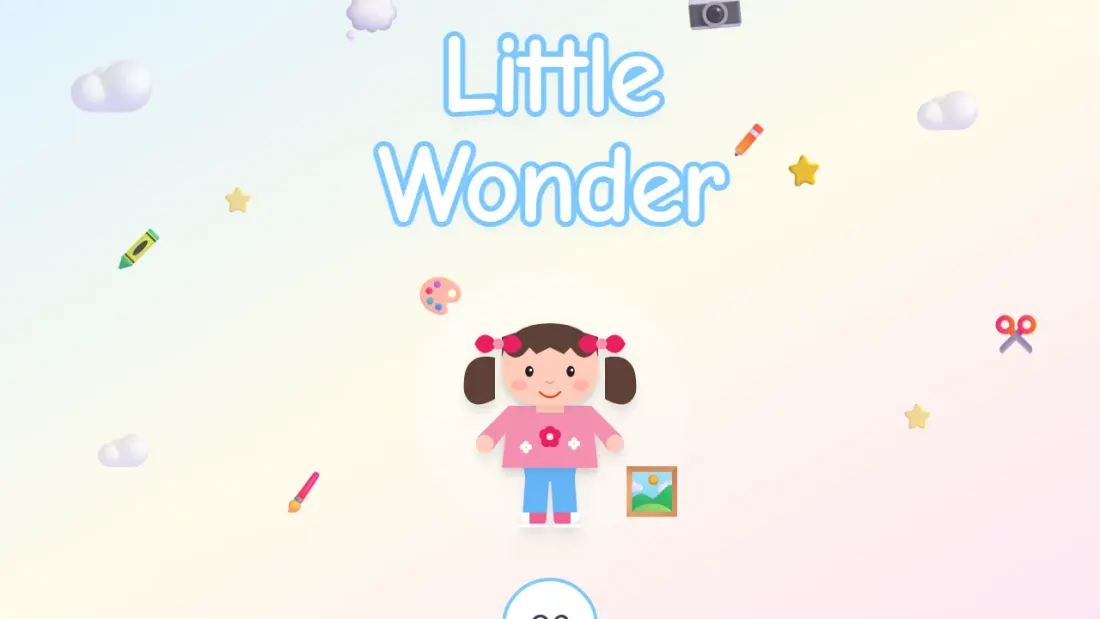 Little Wonder home screen with a cartoon child hero surrounded by drawing tools
