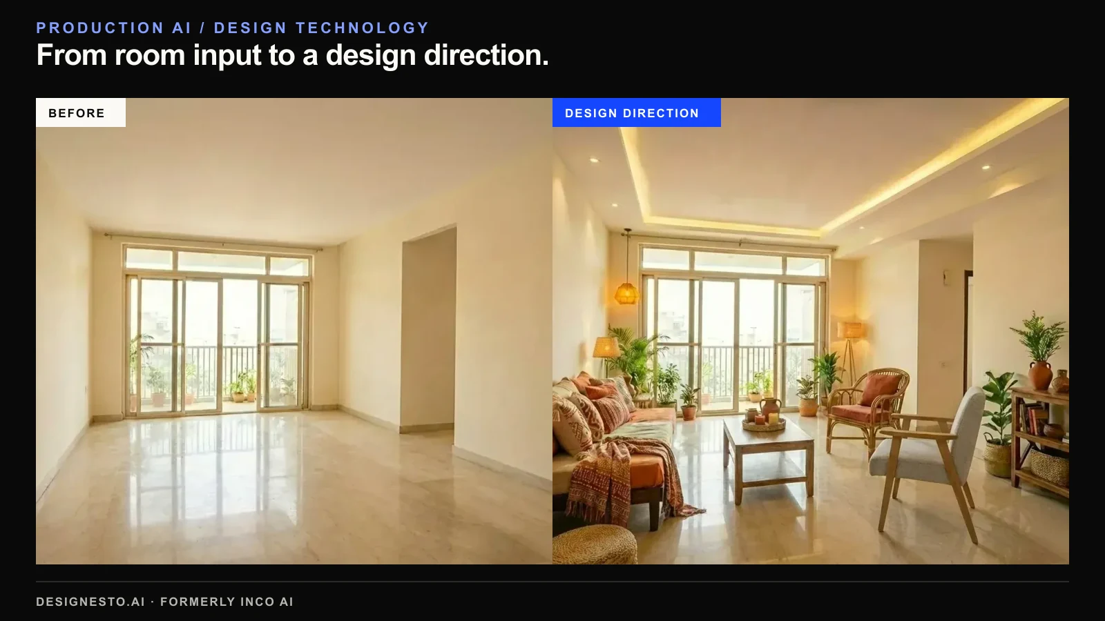 Designesto preview comparing an empty room with a furnished interior concept using the same underlying space