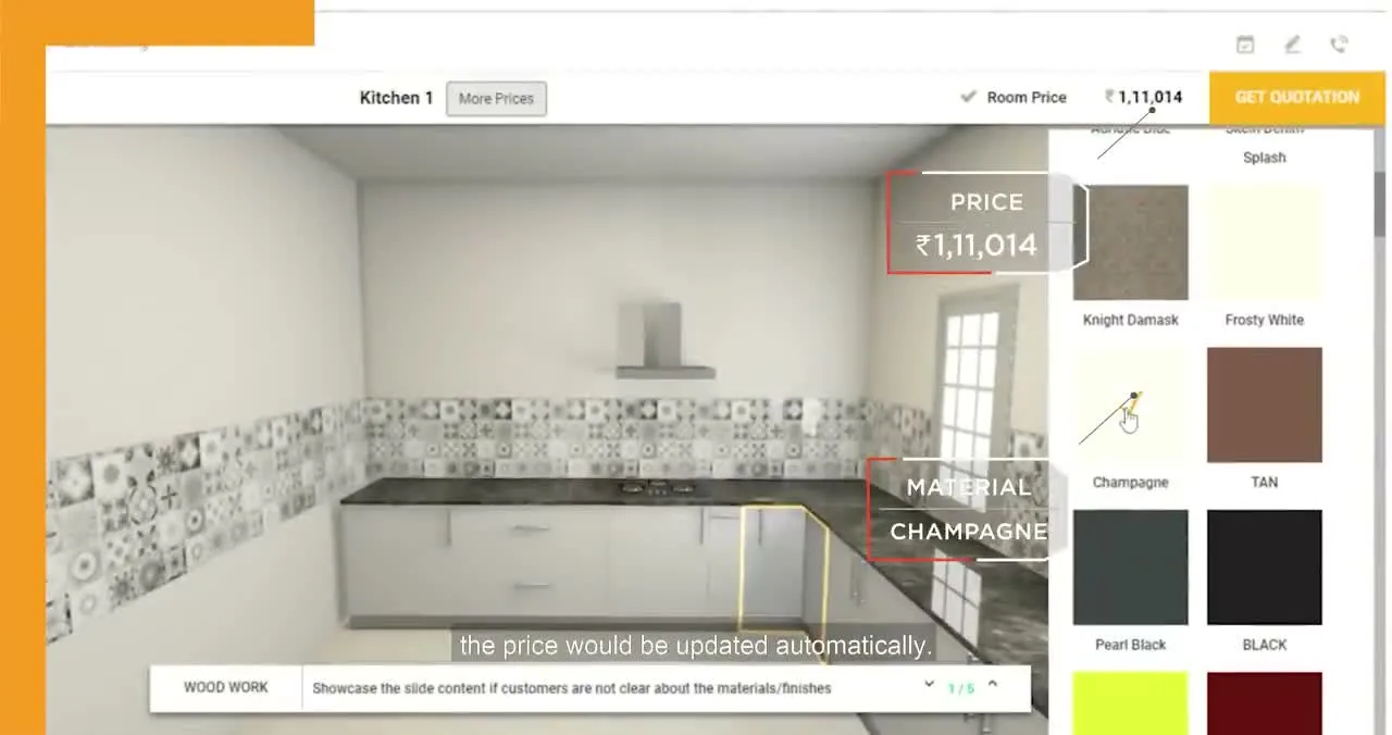 HomeLane SpaceCraft interface showing material choices and real-time pricing in the official public product film