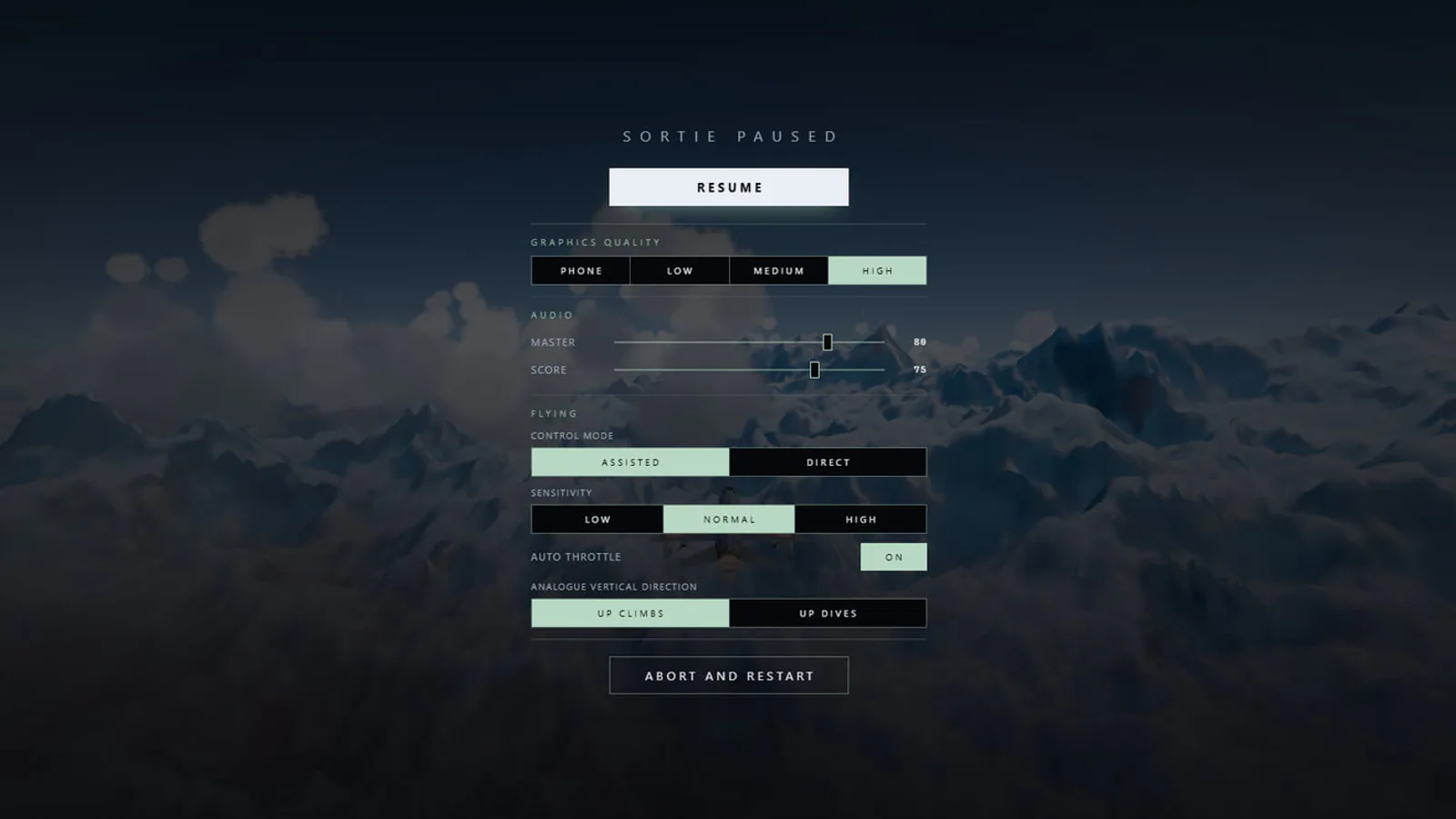 Safed Sagar pause menu with graphics quality, audio, assisted or direct flight, sensitivity and auto-throttle controls