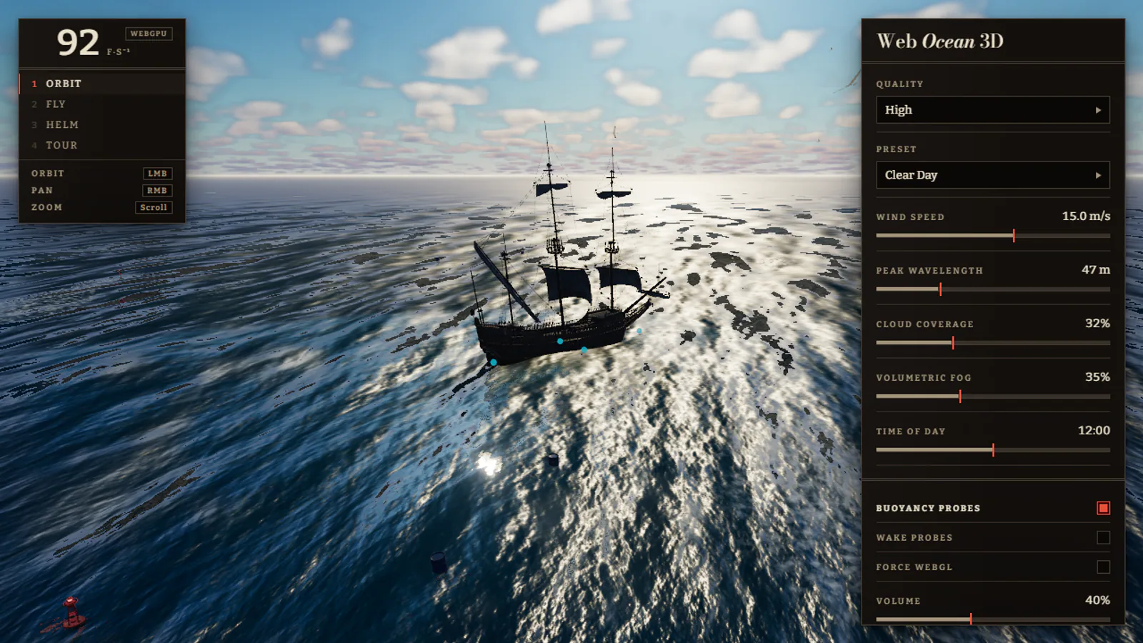 Web Ocean 3D interface showing ocean controls, HUD, and buoyancy probes